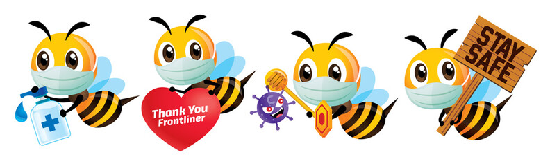 Stay healthy. Cartoon cute bee in set wearing protective mask and fight against coronavirus, bee thank you to frontliners, use hand sanitizer and holding stay safety signboard - vector character set