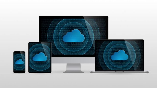 Computer devices with cloud computing. Realistic set monitors desktop laptop tablet and phone with Cloud icon in screen and light gradient background.