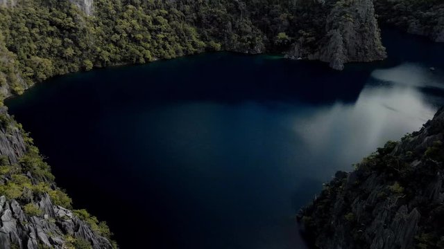 Aerial view of turquoise tropical lagoon with Karst limestone cliffs in Coron Island, Palawan, Philippines. UNESCO World Heritage Tentative List, Baracuda Lake