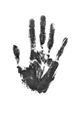 Black watercolor print of human hand white background isolated closeup, handprint illustration, monochrome palm and fingers silhouette mark, one hand shape painted stamp, drawing imprint, sign, symbol