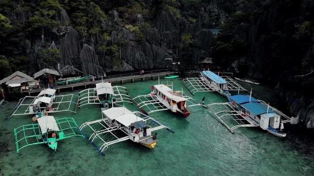 Aerial view of turquoise tropical lagoon with Karst limestone cliffs in Coron Island, Palawan, Philippines. UNESCO World Heritage Tentative List, Baracuda Lake