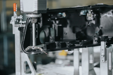 Close up of 3D dimension measurement plastic parts by CMM, 3D automatic measuring system