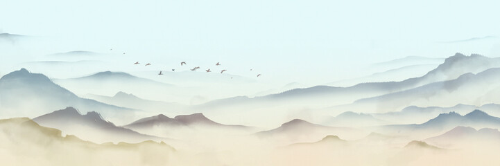 Peinture de paysage à l& 39 encre de Chine bleue，Peinture de paysage à l& 39 aquarelle et à l& 39 encre traditionnelle，Paysage de montagne et de forêt avec nuages et brume