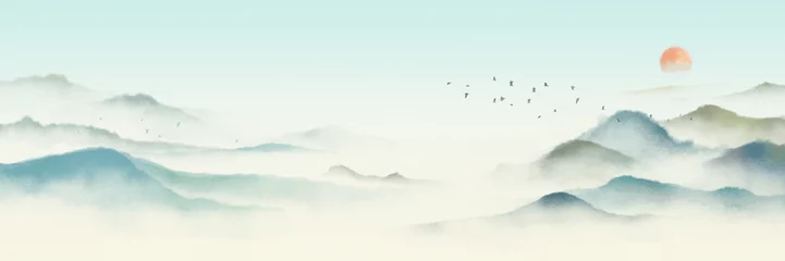 Rolgordijnen Landschapsschilderkunst met groene Chinese inkt，Traditionele waterverf- en inktlandschapsschilderkunst，Berg- en boslandschap met wolken en mist © oliverzs