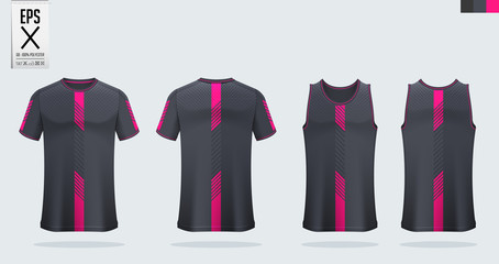 T-shirt mockup, sport shirt template design for soccer jersey, football kit. Tank top for basketball jersey or running singlet. Black, Pink Sport uniform in front view, back view. Vector Illustration.