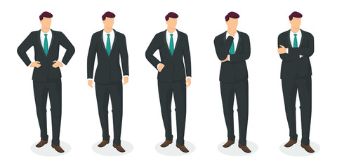 Set of standing business man in modern style vector illustration, person simple flat shadow isolated on white background.