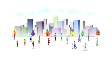 People keep distance from each other and wearing face mask prevention from disease outbreak vector illustration. Concept of new normal after COVID-19 pandemic. Isolated, white background.