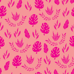Vector pretty pink tropical leaves seamless pattern background