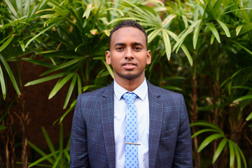 Young handsome African businessman wearing suit in the city with nature outdoors - obrazy, fototapety, plakaty