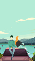 Men and women drive to travel. Valentine's Day travel illustration