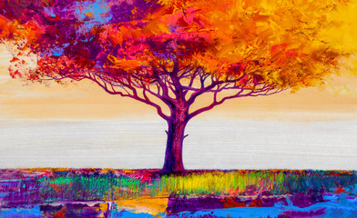 Oil painting landscape. Colorful autumn tree. Abstract style.