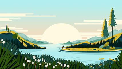 Two people went on a trip to the countryside. Landscape illustration