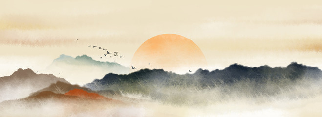Fototapety  Chiński styl orientalne malarstwo tuszem, malarstwo pejzażowe tuszem w ciepłych kolorach w słoneczne dni (tradycyjne klasyczne malarstwo tuszem)