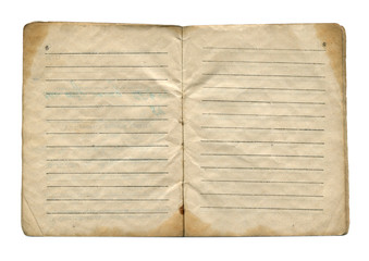 Two open striped vintage paper pages with old spots isolated on white background. Vintage book.