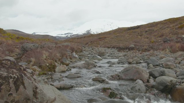 Mountain Views from stream looking toward Mount Ruapehu in Tongariro National Park , New Zealand // Static Shot