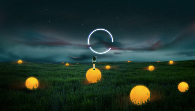 There is a glowing moon sky on the outdoor grass and a neon light circle. A girl stands on it. Surrealist painting, digital painting