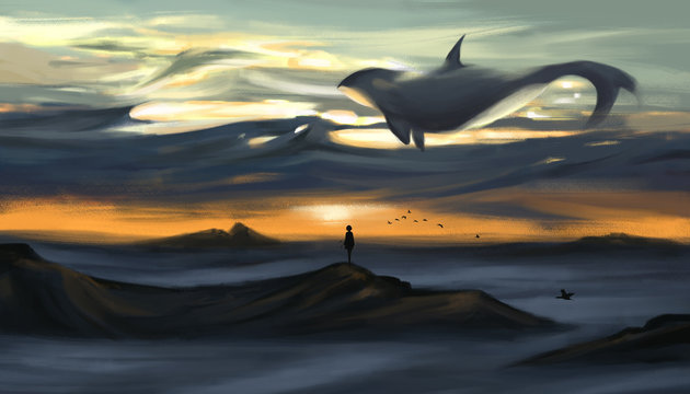 There is a whale in the sky with clouds in the evening. Surreal original painting digital painting