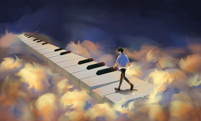 A man walking on the piano keys，Colorful clouds in the mysterious sky，Surreal illustration © oliverzs