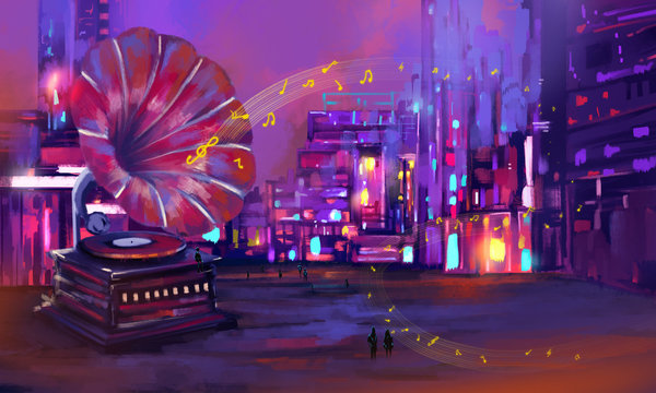 There are buildings like phonographs in the streets at night, and people walk quietly on the streets.Concept digital painting