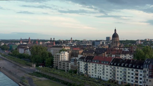 Drone Aerial flight over Neustadt Mainz Germany from the East showing Christus Church and Dome of Mainz