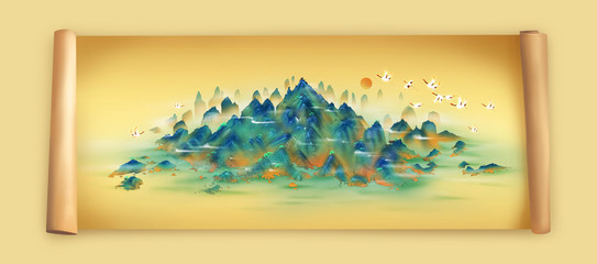 There are flying cranes on the steep green mountains. Traditional classical Chinese style landscape painting