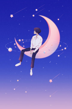 A boy surrounded by planets sits on the moon with his eyes closed. Fantasy illustration vertical