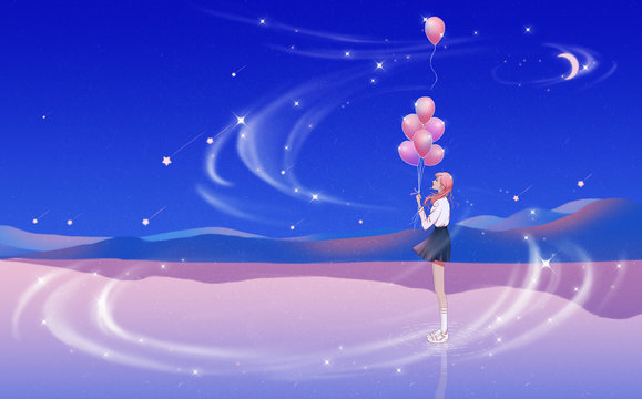 Girl holding a balloon smiling. Youth love illustration