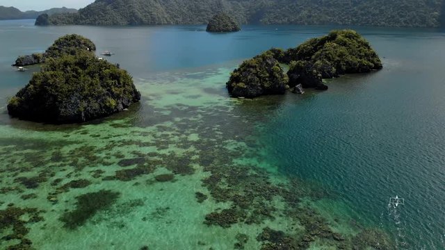 Aerial view of a beautiful small islands Siete Pecados near in Coron Bay. Palawan. 