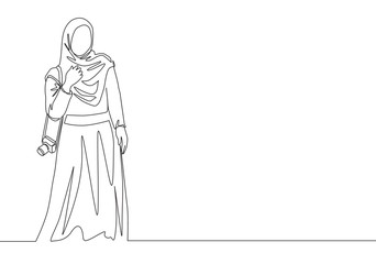 One continuous line drawing of young happy beautiful muslimah on Islamic cloth hold camera. Beauty middle east women model in trendy hijab fashion concept single line draw design vector illustration