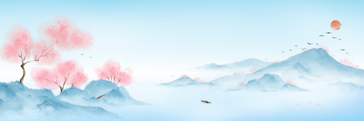There are pink peach trees on the pale blue mountain, and there is a boat in the water