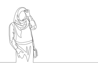 One single line drawing of young happy beauty muslimah girl with head scarf carrying purse bag. Cute Asian women model in trendy hijab fashion concept continuous line draw design vector illustration