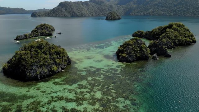 Aerial view of a beautiful small islands Siete Pecados near in Coron Bay. Palawan. 