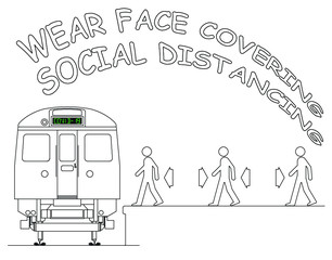 Passengers boarding train practicing social distancing and advised to wear face coverings as countries prepare to unlock restrictions due to pandemic isolated on white background 