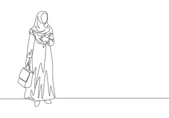 One single line drawing of young happy muslim girl with head scarf carrying pocket bag. Attractive Asian women model in trendy hijab fashion concept continuous line draw design vector illustration