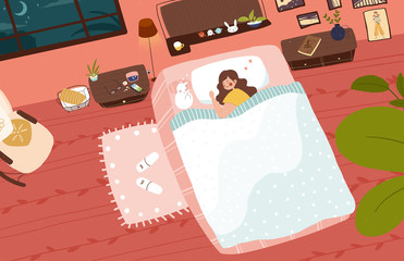 The girl sleeping in the bedroom at night. Illustration