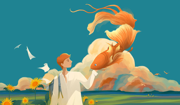 Summer boy and carp beautiful japanese illustration
