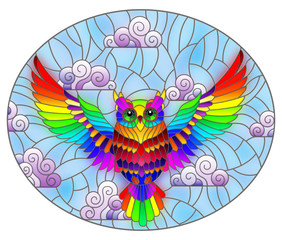 Illustration in stained glass style with abstract rainbow owl flying on sky background with clouds , oval image
