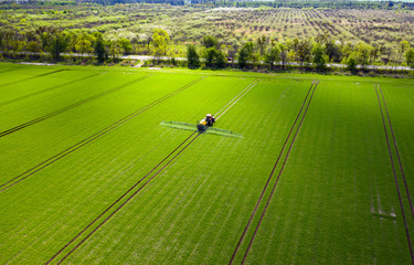 Agriculture field, tractor spraying pesticides