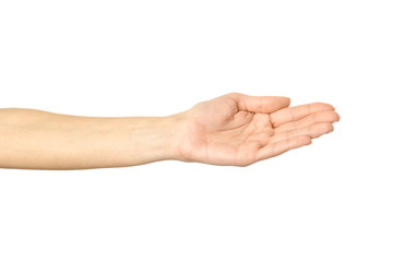 Outstretched female hand. Woman hand gesturing isolated on white