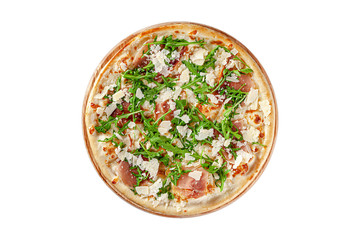 Italian cuisine. Round thin pizza on a wooden board, on a white background. Image is isolated. Top view.