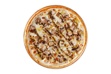Italian cuisine. Round thin pizza on a wooden board, on a white background. Image is isolated. Top view.