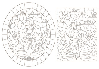 Set of contour illustrations of stained glass Windows on the theme of winter holidays, funny cartoon dogs on the background of winter landscapes, dark outlines on a white background