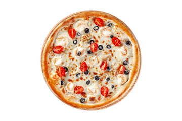 Italian cuisine. Round thin pizza on a wooden board, on a white background. Image is isolated. Top view.