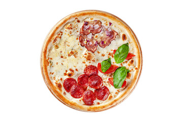 Italian cuisine. Round thin pizza on a wooden board, on a white background. Image is isolated. Top view.
