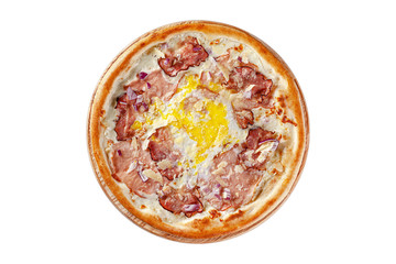 Italian cuisine. Round thin pizza on a wooden board, on a white background. Image is isolated. Top view.