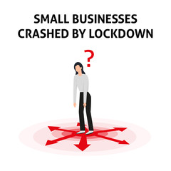 Small business crashed by coronavirus crisis. Small company hit by lockdown economy crisis. Person in depression, unemployment, hunger, poverty, tired, weak. Vector flat style illustration isolated