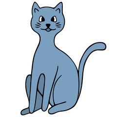 Cat. Smoky blue color. Colored vector illustration. Isolated background. Cartoon style. Lovely pet. A purring creature with a mustache. Fluffy animal. The tailed robber. Hand drawing. 
