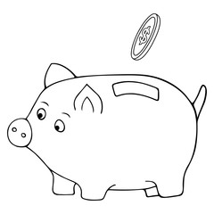 Piggy piglet. A dollar coin falls into the hole. Vector illustration. Contour on an isolated white background. Doodle style. Sketch. Coloring book for children. The accumulation of finance. 