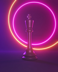 Chess King isolated with neon lights. Close up. leadership concept. 3d rendering