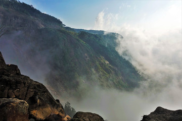 On the edge of the abyss. You can see the slope of the mountain, covered with green trees. Everything is shrouded in thick white fog, descending into the gorge. Vietnam. Dalat.